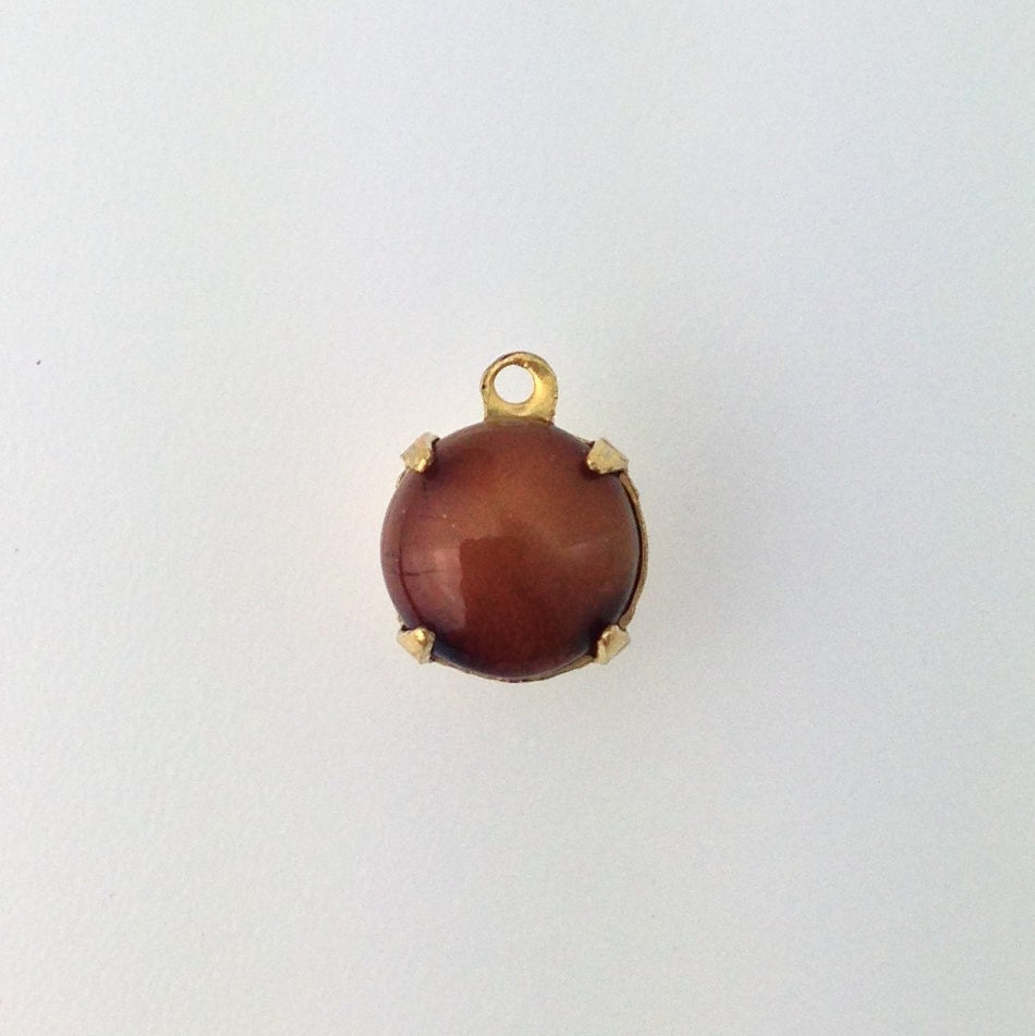 Vintage Tiger Eye Glass Stone 1 Loop Brass Setting Drops 8.5mm (6) rnd009J