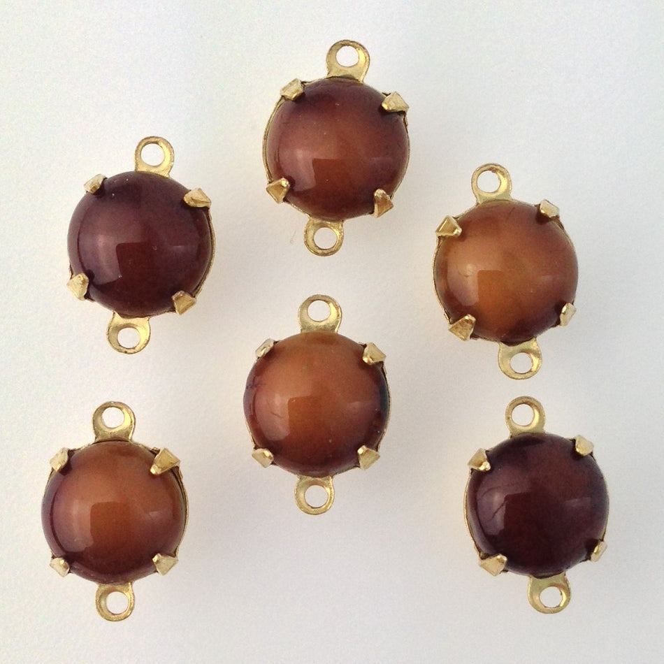 Vintage Tiger Eye Glass Stone 2 Loop Brass Setting Drops 8.5mm (6) rnd009J2