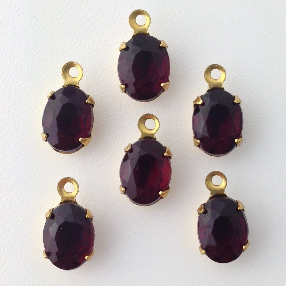 Vintage Garnet Faceted Set Stones 1 Loop Brass Setting 8x6mm (6) ovl012F