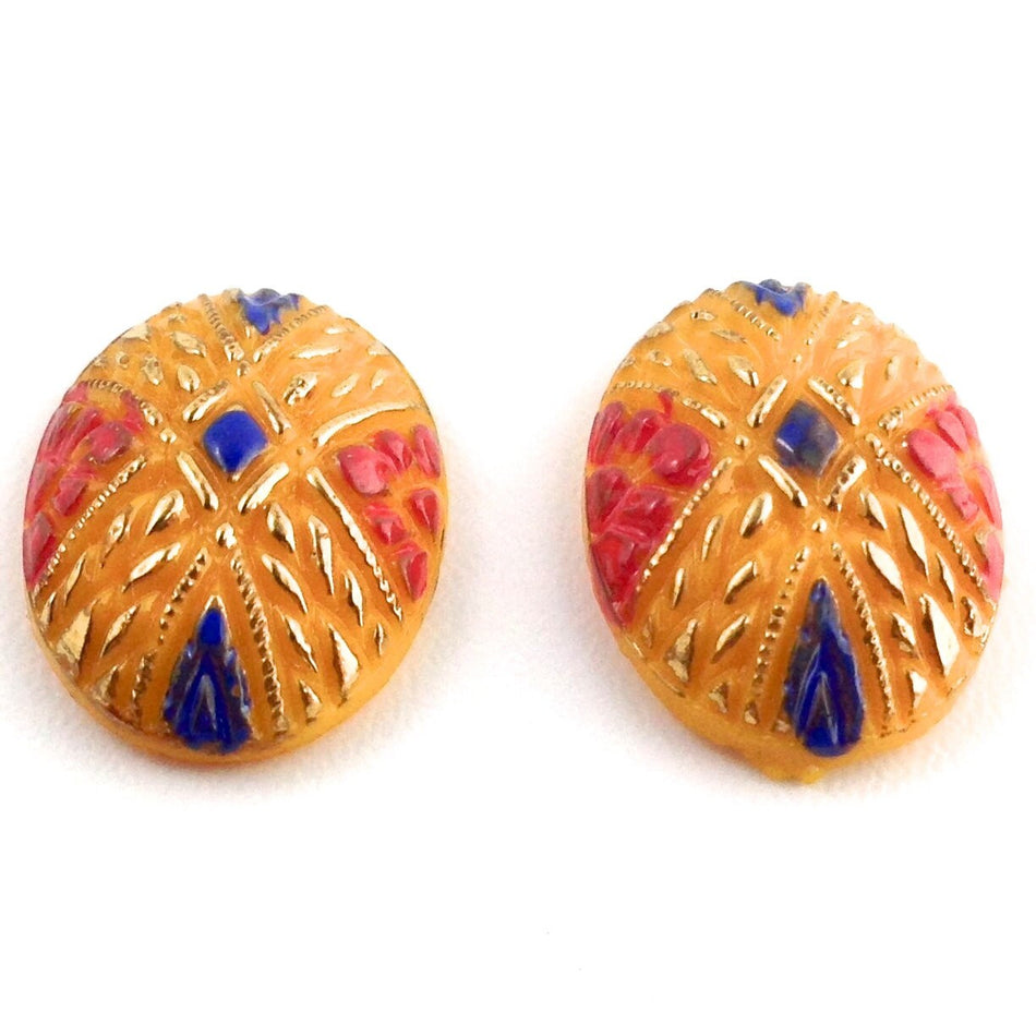Vintage Tangerine Orange to Yellow Mosaic Glass Cabochons 18X13mm (2) cab862A