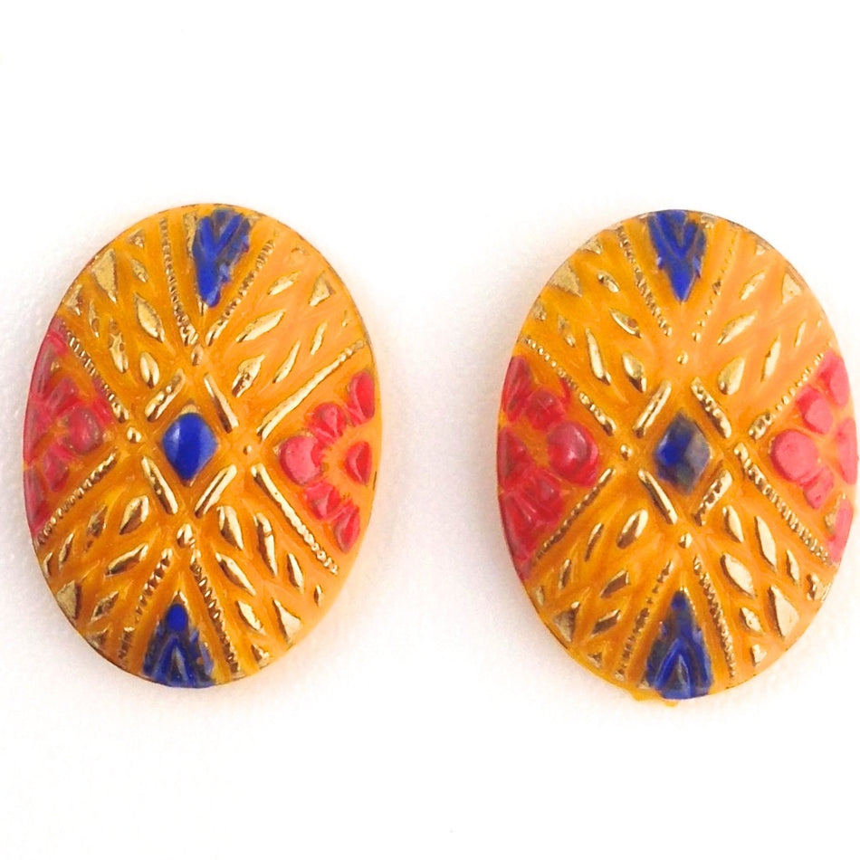 Vintage Tangerine Orange to Yellow Mosaic Glass Cabochons 18X13mm (2) cab862A