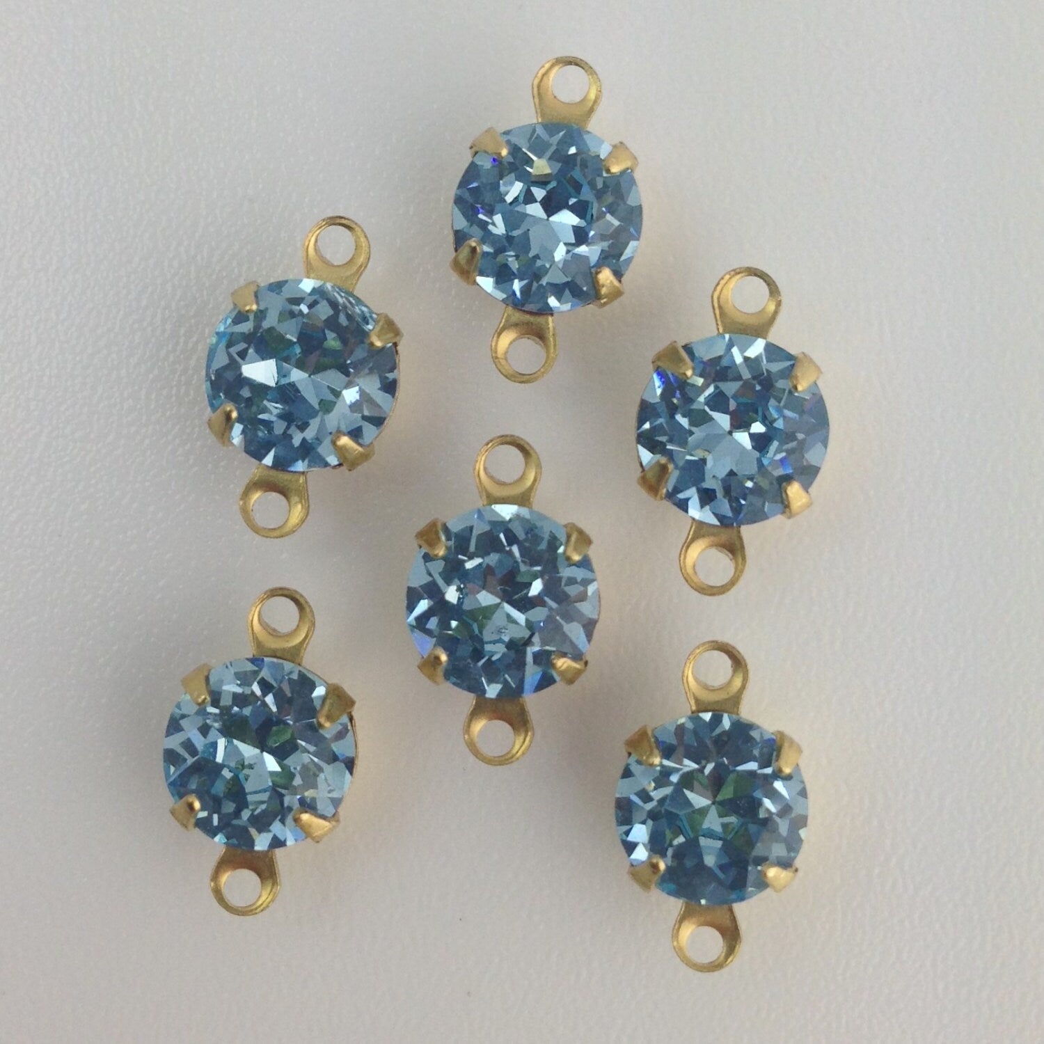 Vintage Light Sapphire Faceted Glass Stone 2 Loop Brass Setting Drops 7mm (6) rnd001JJ2