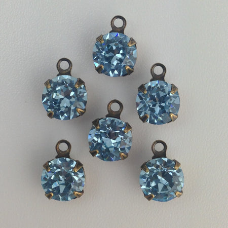Vintage Light Sapphire Faceted Glass Stone 1 Loop Brass Ox Setting Drops 7mm (6) rnd007JJ