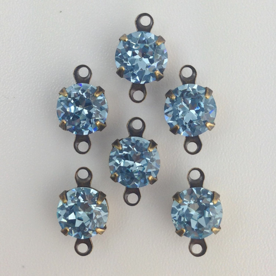 Vintage Light Sapphire Faceted Glass Stone 2 Loop Brass Ox Setting Drops 7mm (6) rnd007JJ2