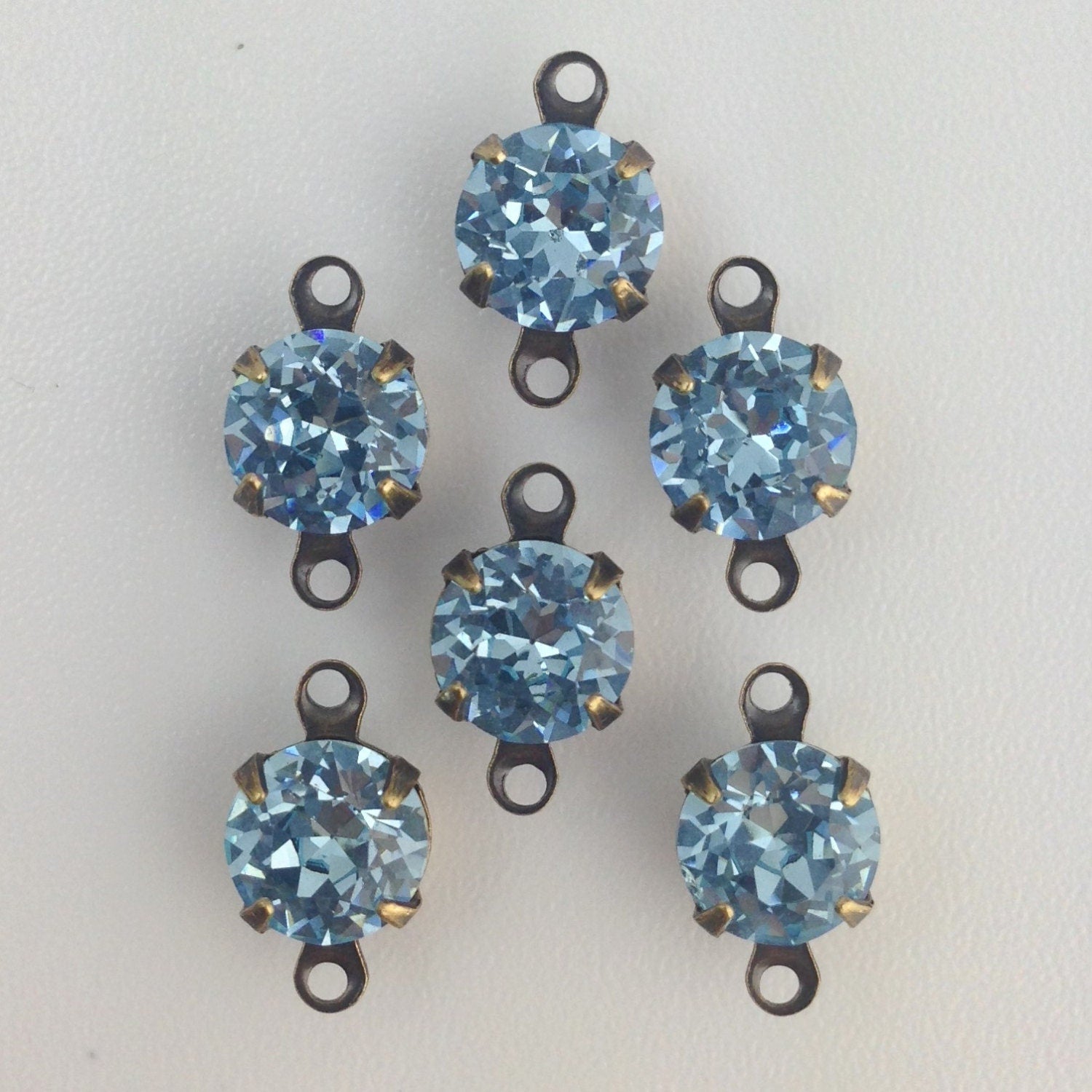 Vintage Light Sapphire Faceted Glass Stone 2 Loop Brass Ox Setting Drops 7mm (6) rnd007JJ2