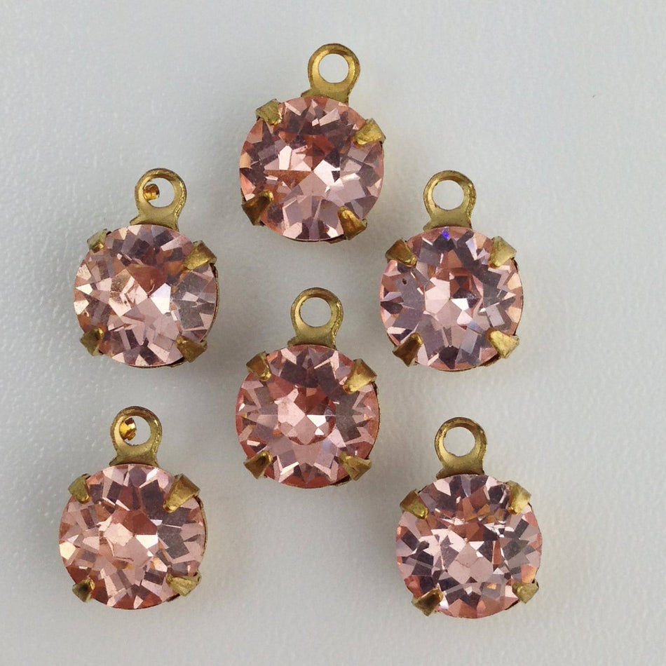 Vintage Rosaline Faceted Glass Stone 1 Loop Brass Setting Drops 7mm (6) rnd001PP