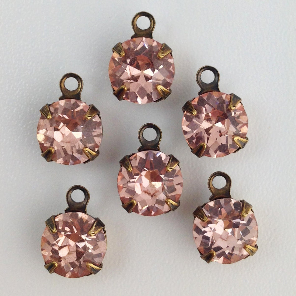 Vintage Roseline Faceted Glass Stone 1 Loop Brass Ox Setting Drops 7mm (6) rnd007PP