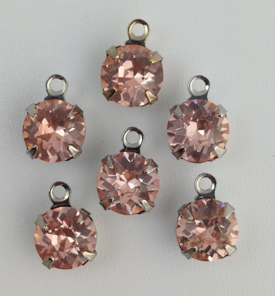 Vintage Roseline Faceted Glass Stone 1 Loop Silver Setting Drops 7mm (6) rnd003PP
