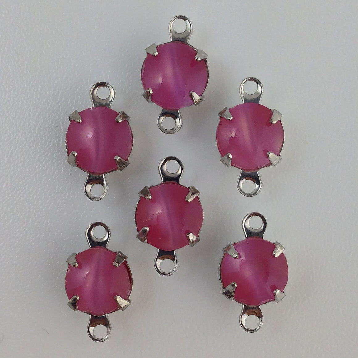 Vintage Pink Moonglow Glass Stone 2 Loop Silver Setting Drops 7mm (6) rnd003Y2