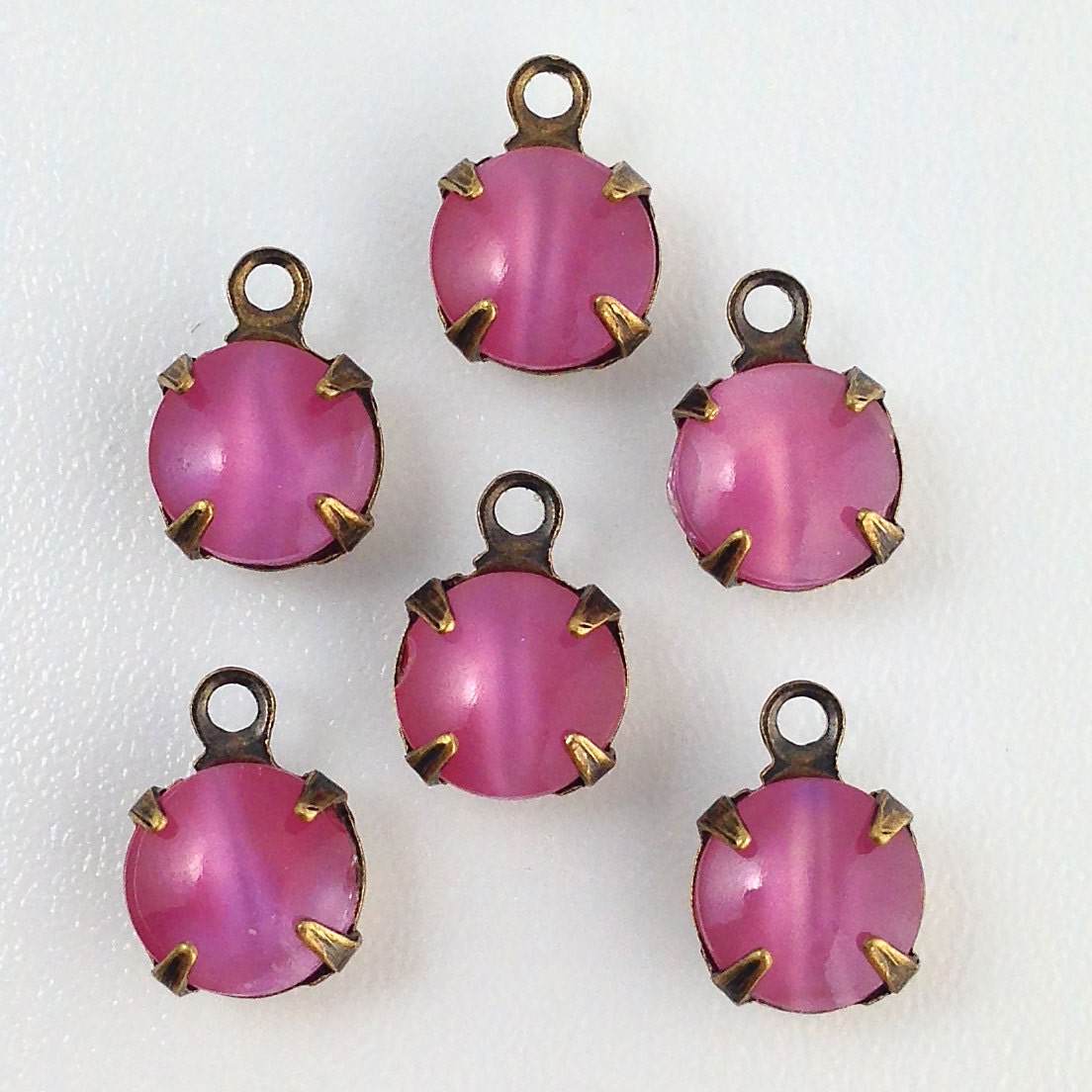 Vintage Pink Moonglow Glass Stone 1 Loop Brass Ox Setting Drops 7mm (6) rnd007Y