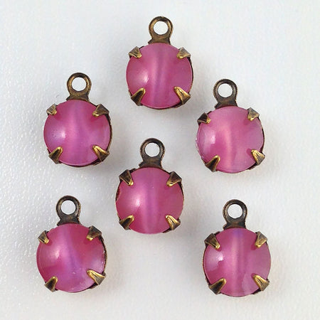 Vintage Pink Moonglow Glass Stone 1 Loop Brass Ox Setting Drops 7mm (6) rnd007Y
