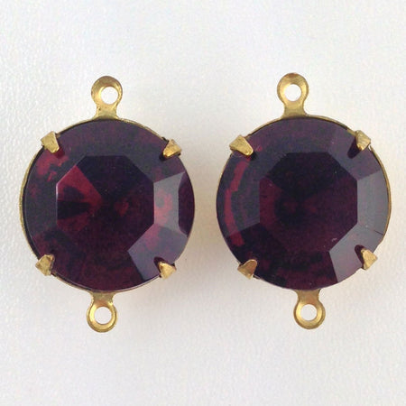 Vintage Garnet Faceted Glass Stones 2 Loop Brass Settings 15mm rnd012Q2