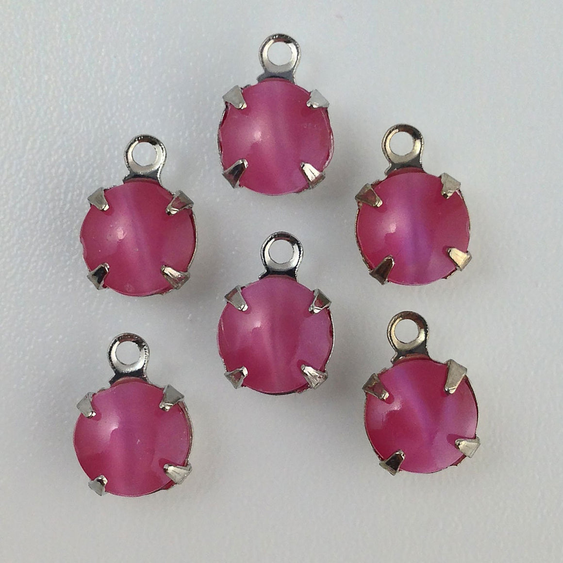 Vintage Pink Moonglow Glass Stone 1 Loop Silver Setting Drops 7mm (6) rnd003Y