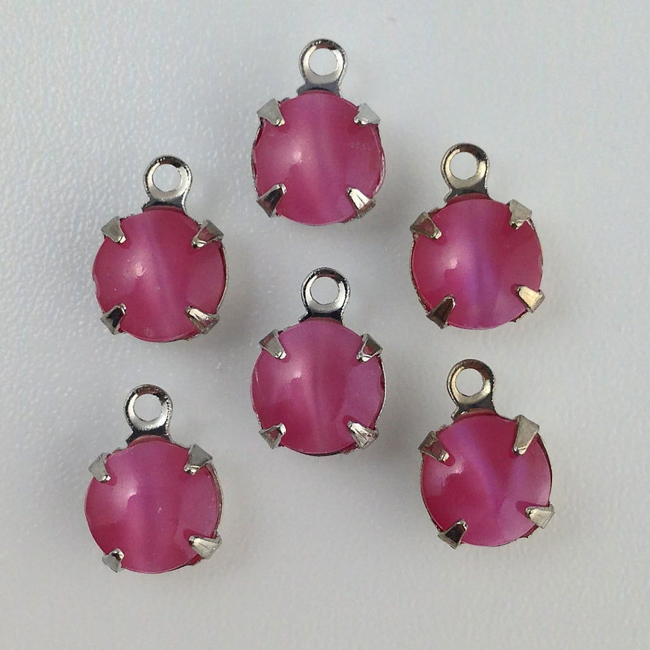 Vintage Pink Moonglow Glass Stone 1 Loop Silver Setting Drops 7mm (6) rnd003Y