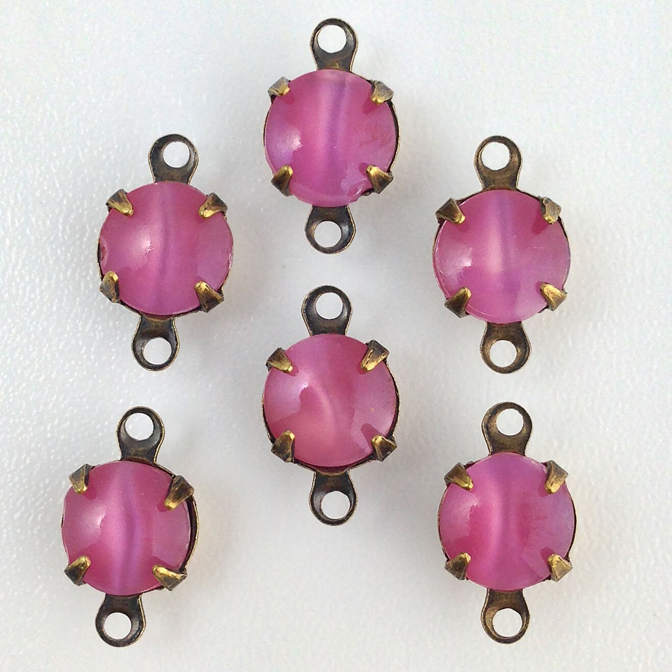 Vintage Pink Moonglow Glass Stone 2 Loop Brass Ox Setting Drops 7mm (6) rnd007Y2