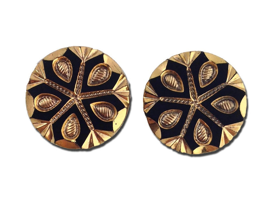 Black and Gold Snowflake Etched Czech Glass Cabochon 18mm (2) cab904A