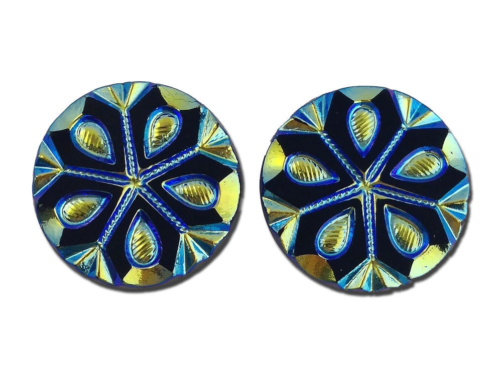 Blue Green Iridescent Snowflake Etched Czech Glass Cabochon 22.5mm (2) cab905B