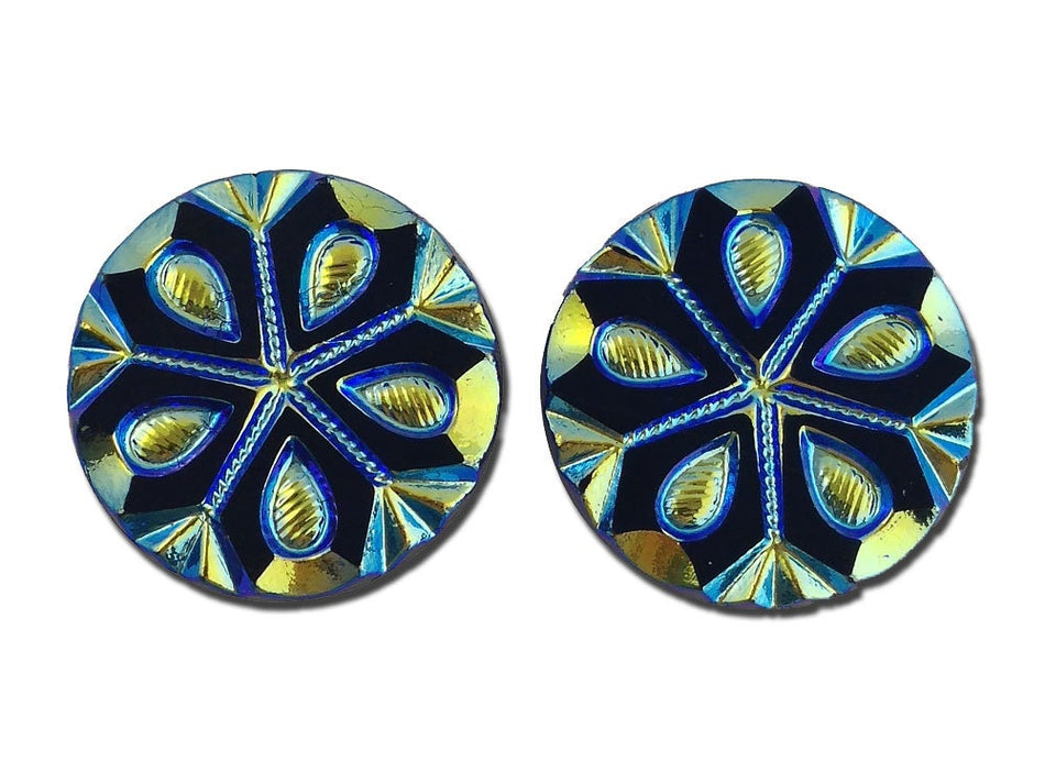 Blue Green Iridescent Snowflake Etched Czech Glass Cabochon 22.5mm (2) cab905B