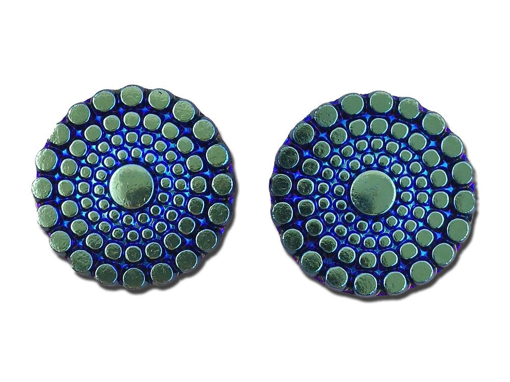 Blue Iridescent Bubble or Bumpy Top Czech Glass Cabochon 22.5mm (2) cab903A