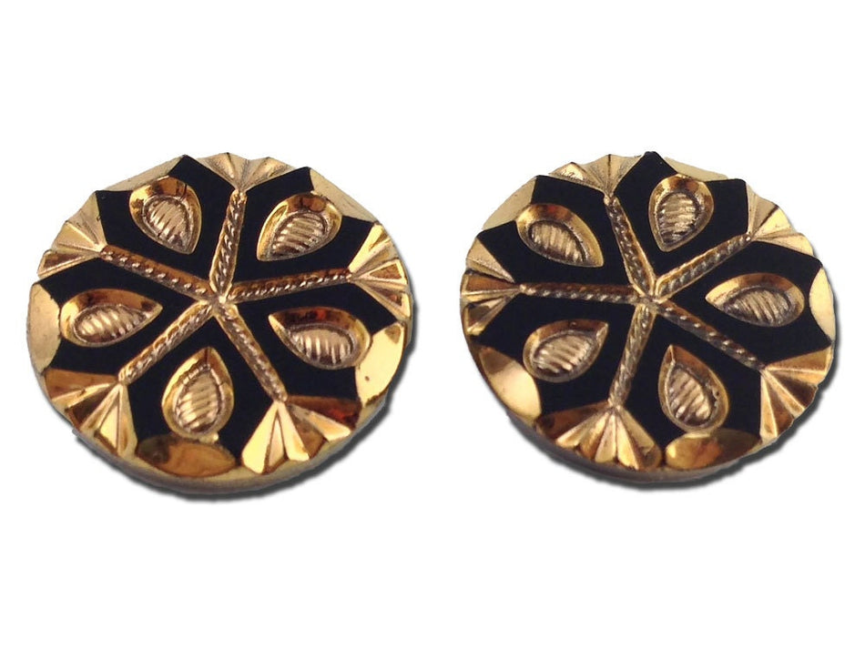 Black and Gold Snowflake Etched Czech Glass Cabochon 18mm (2) cab904A