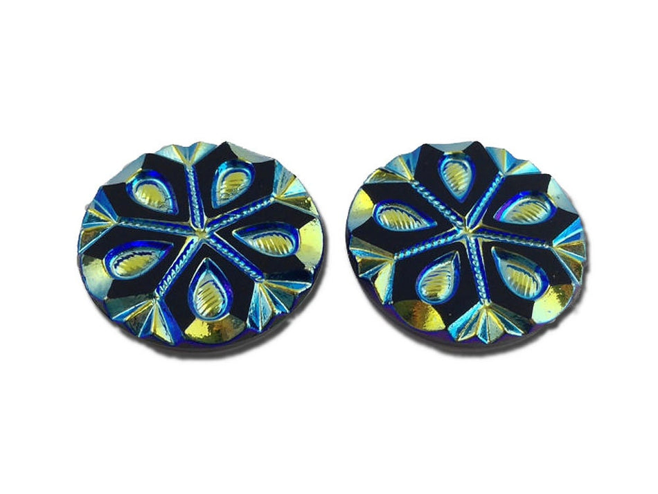 Blue Green Iridescent Snowflake Etched Czech Glass Cabochon 22.5mm (2) cab905B