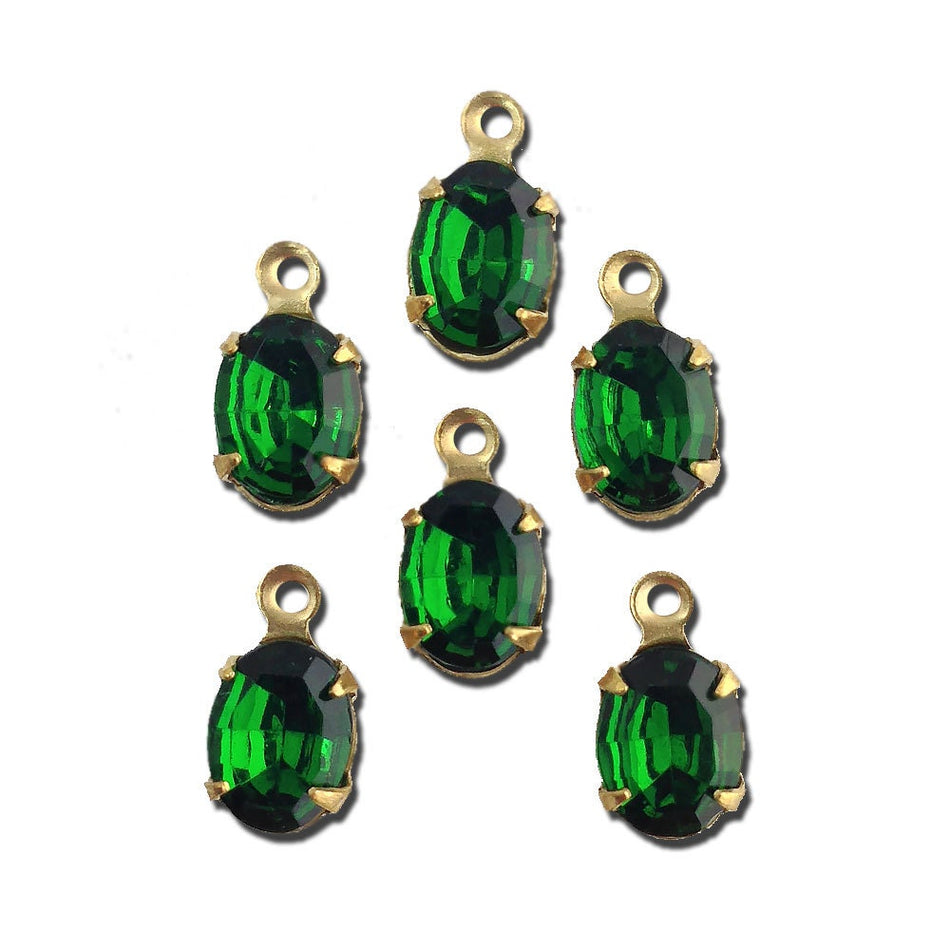 Vintage Emerald Faceted Set Stones 1 Loop Brass Setting 8x6mm (6) ovl012G