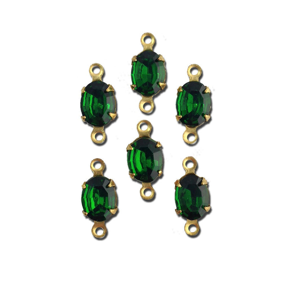 Vintage Emerald Faceted Glass Stones 2 Loop Brass Setting 8x6mm (6) ovl012G2