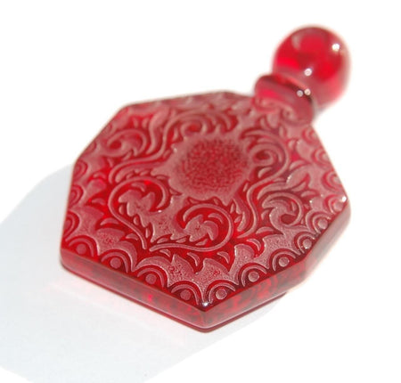 Ruby Red Etched Faux Perfume Lucite Bottle Pendant Vintage pnd064D