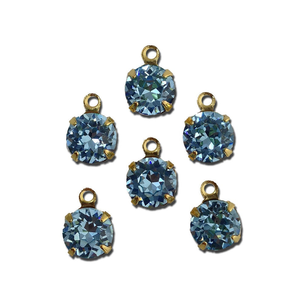 Vintage Light Sapphire Faceted Glass Stone 1 Loop Gold Setting Drops 7mm (6) rnd017JJ