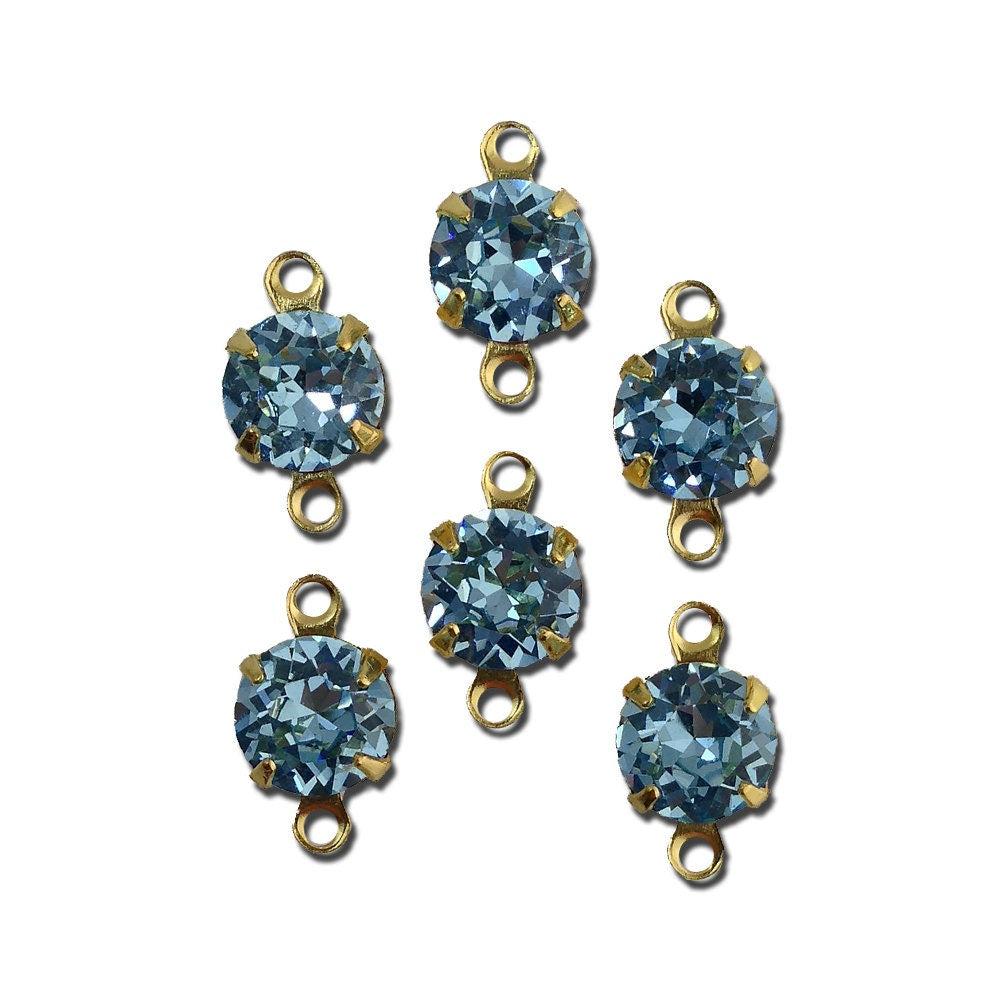 Vintage Light Sapphire Faceted Glass Stone 2 Loop Gold Setting Drops 7mm (6) rnd017JJ2