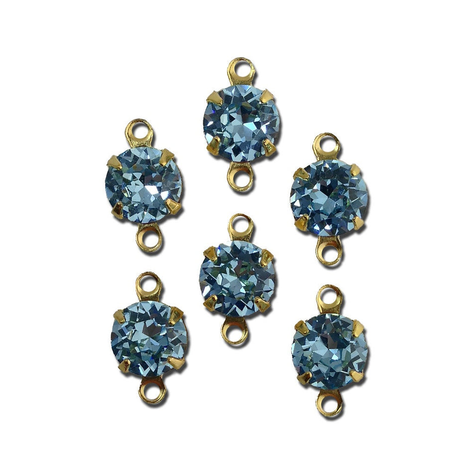 Vintage Light Sapphire Faceted Glass Stone 2 Loop Gold Setting Drops 7mm (6) rnd017JJ2