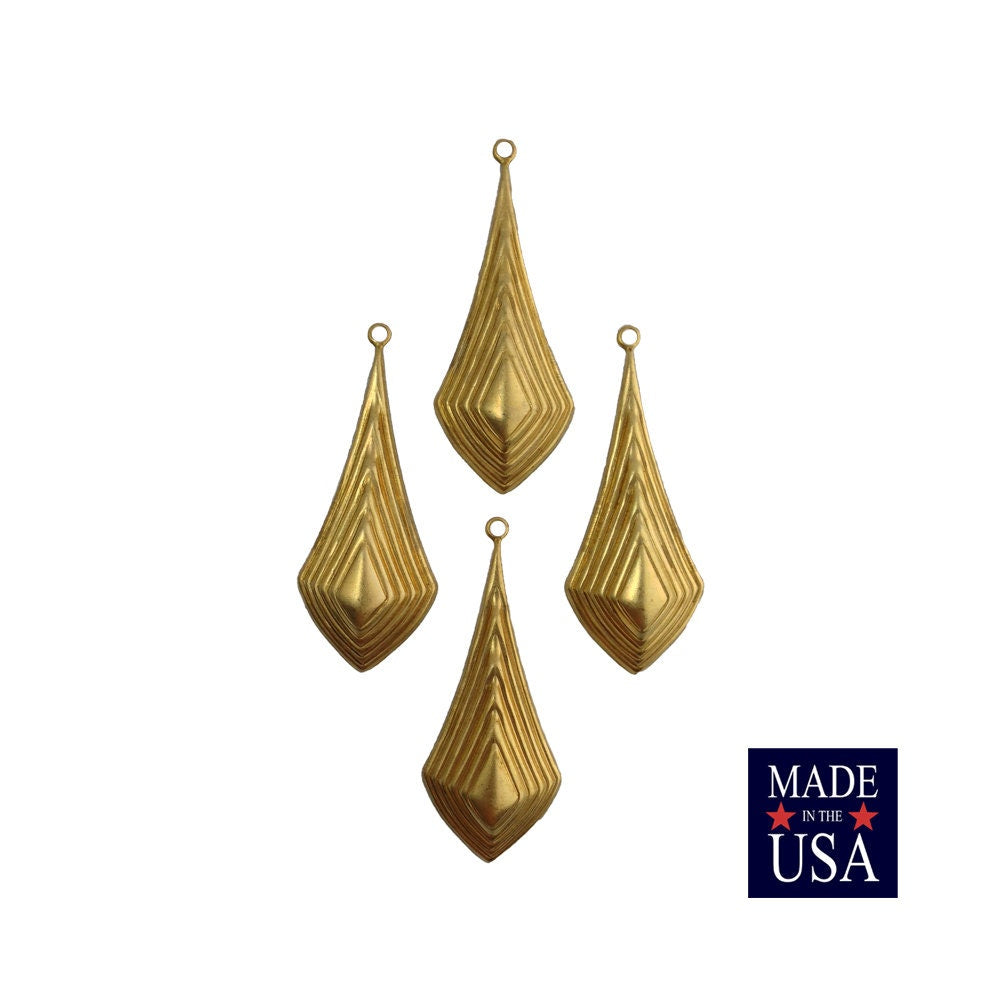 Raw Brass Raised Ribbed Pointed Pendant Drop (4) mtl065A