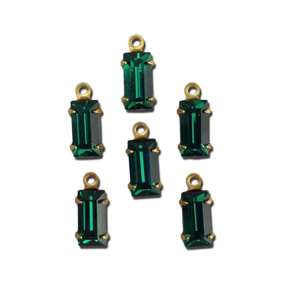 Vintage Emerald Faceted Baguette Glass Stones 1 Loop Brass Settings 8x4mm (6) bag001A