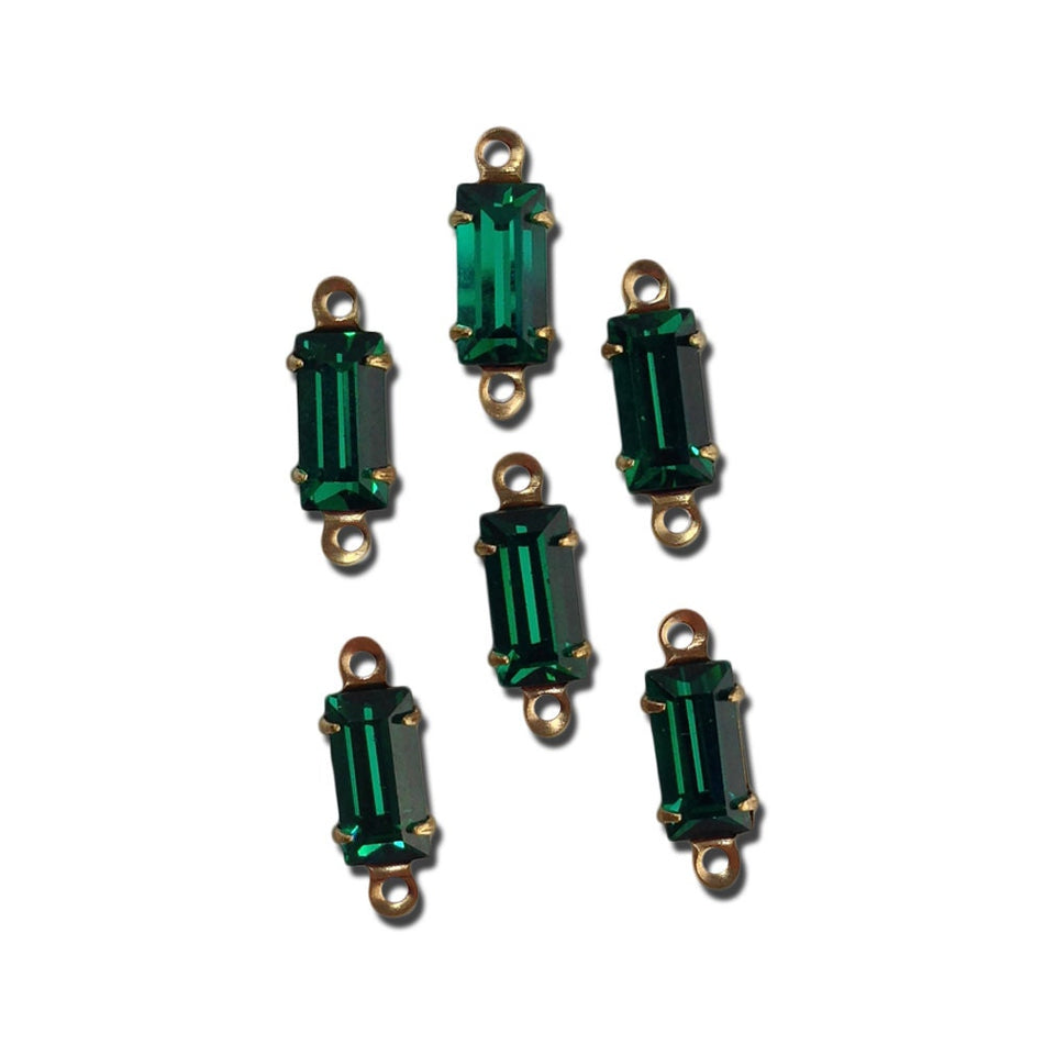 Vintage Emerald Faceted Baguette Glass Stones 2 Loop Brass Settings 8x4mm bag001A2