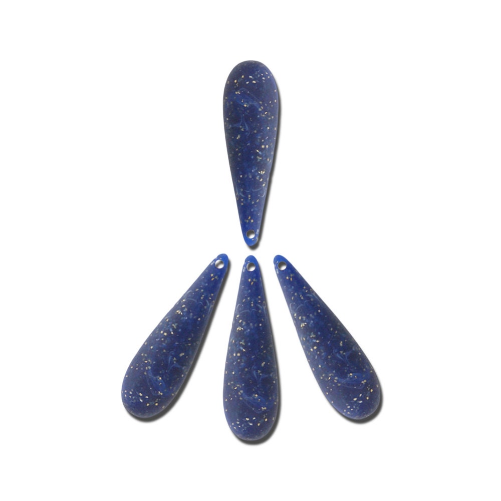 Vintage Acrylic Teardrop Beads Pendants Matte Lapis Blue White Sparkles 40x10mm (4) bds090A