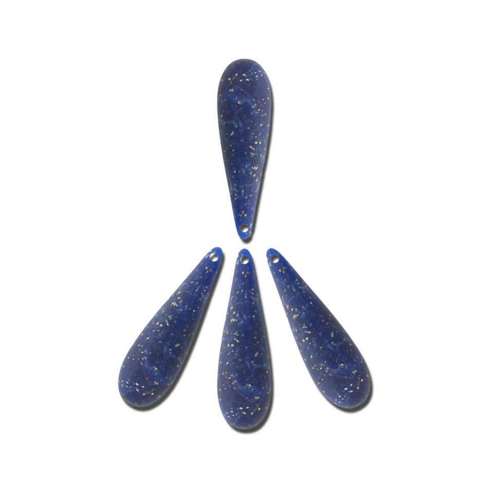 Vintage Acrylic Teardrop Beads Pendants Matte Lapis Blue White Sparkles 40x10mm (4) bds090A