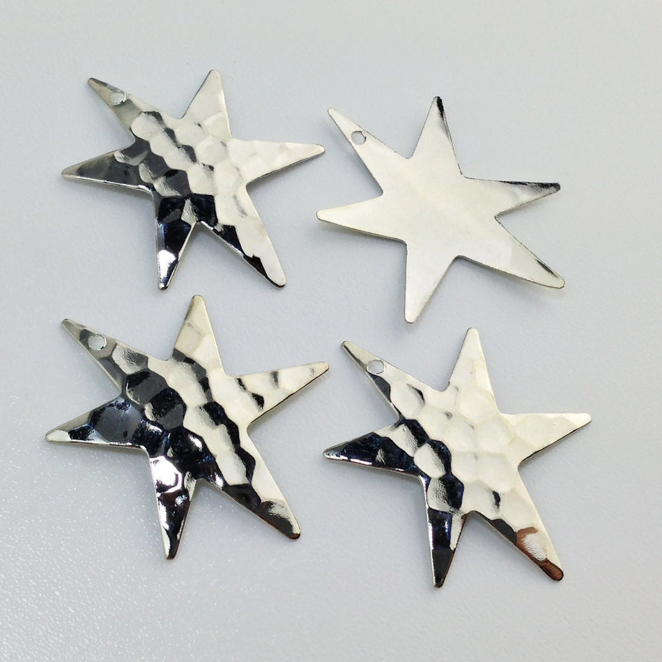 1 Hole Hammered Silver Plated Star Pendant Drops (4) mtl411B