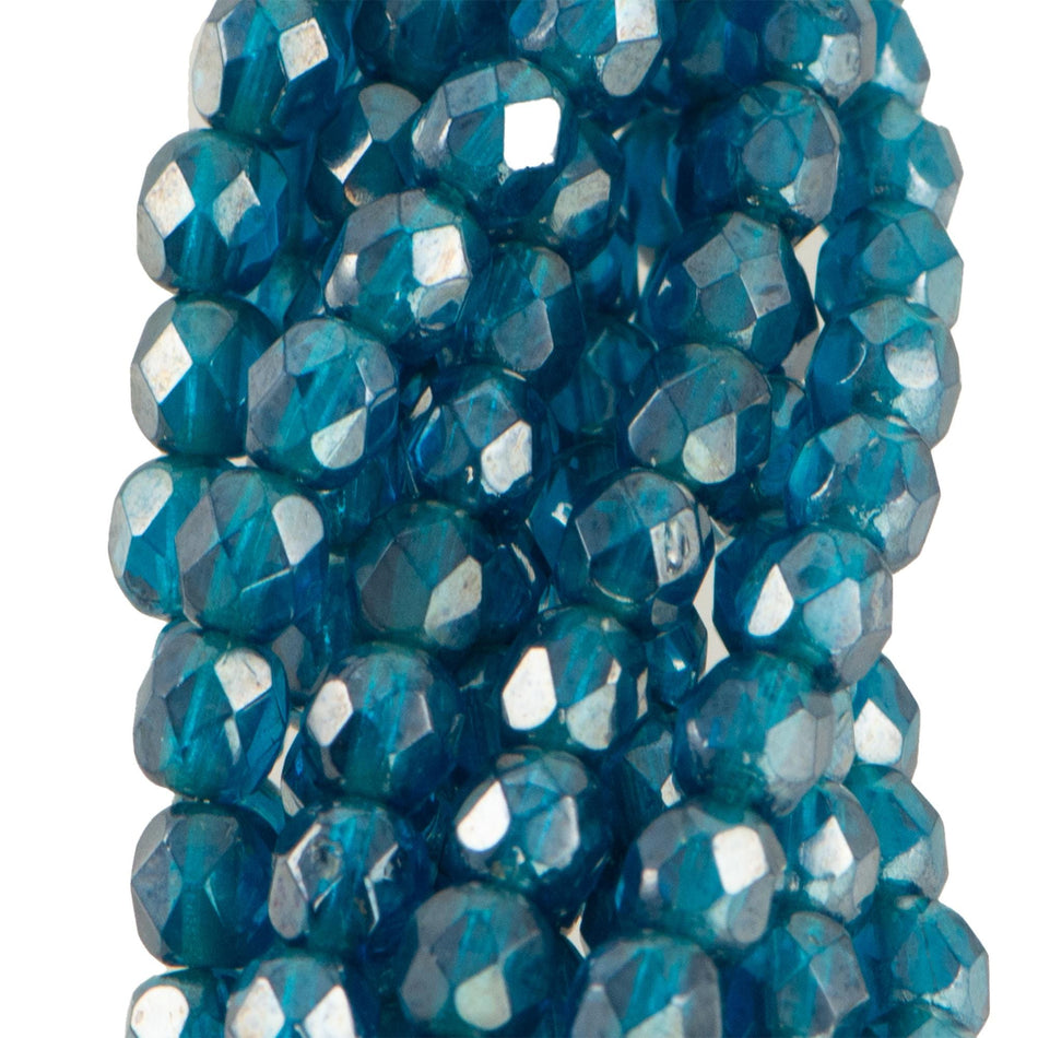 4mm Luster Capri Blue Czech Firepolish Faceted Glass Beads (50)