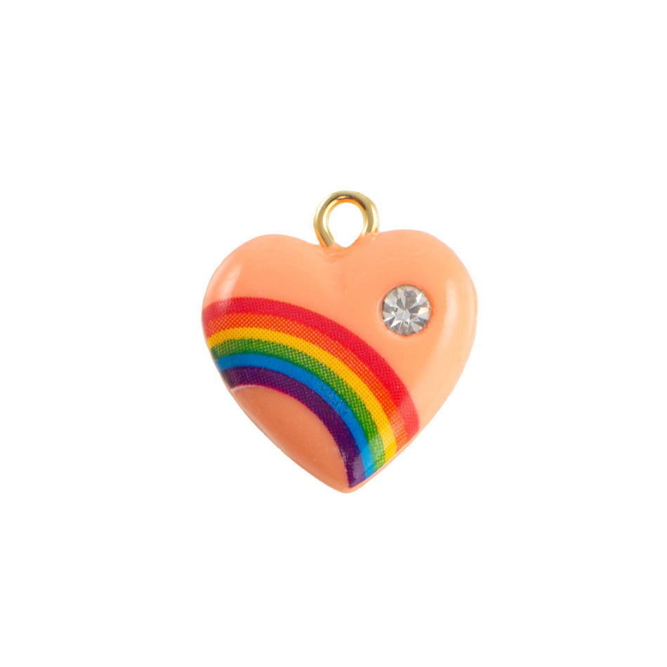 Vintage Peach Rainbow Plastic Heart Charm with Rhinestone (2)