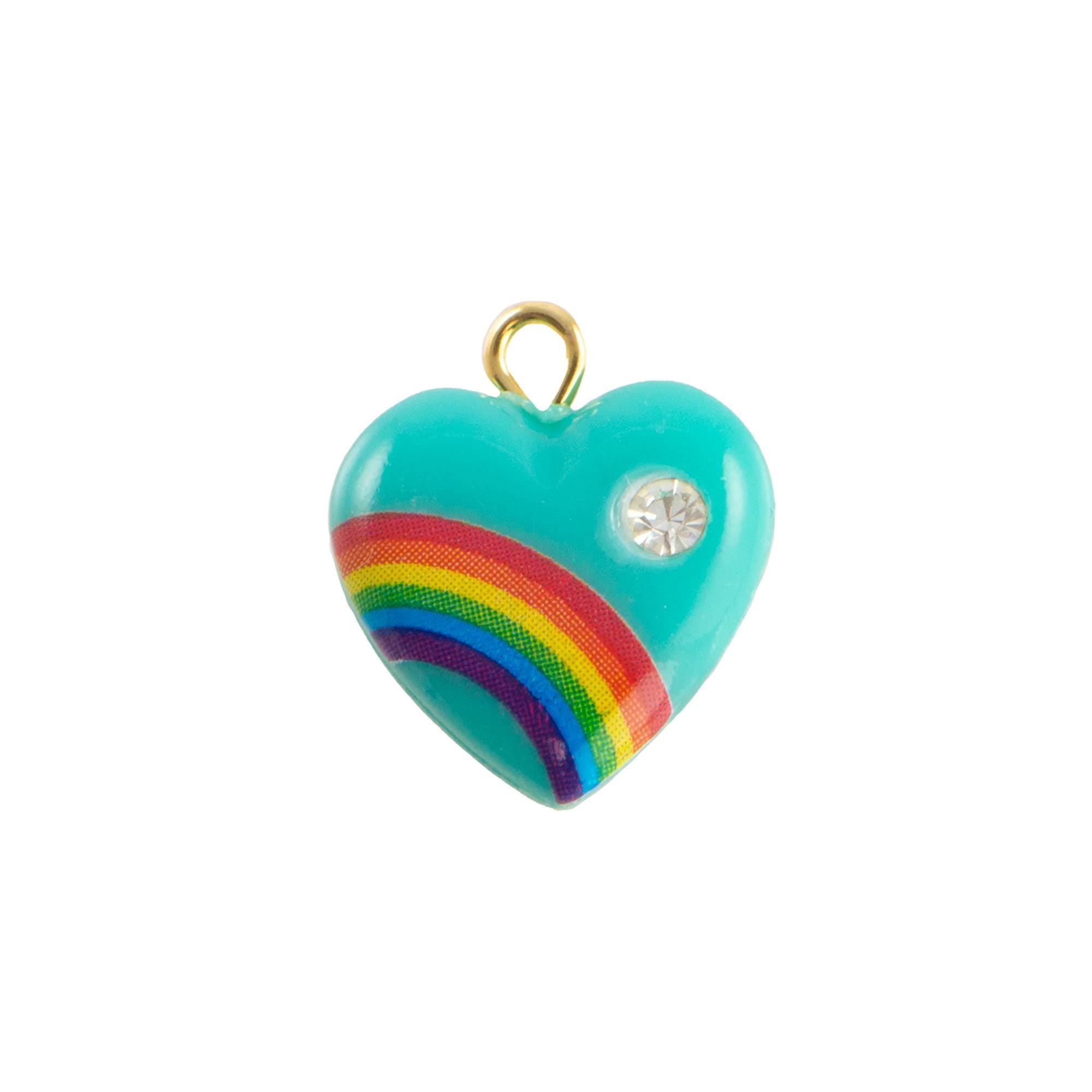 Vintage Turquoise Rainbow Plastic Heart Charm with Rhinestone (2)