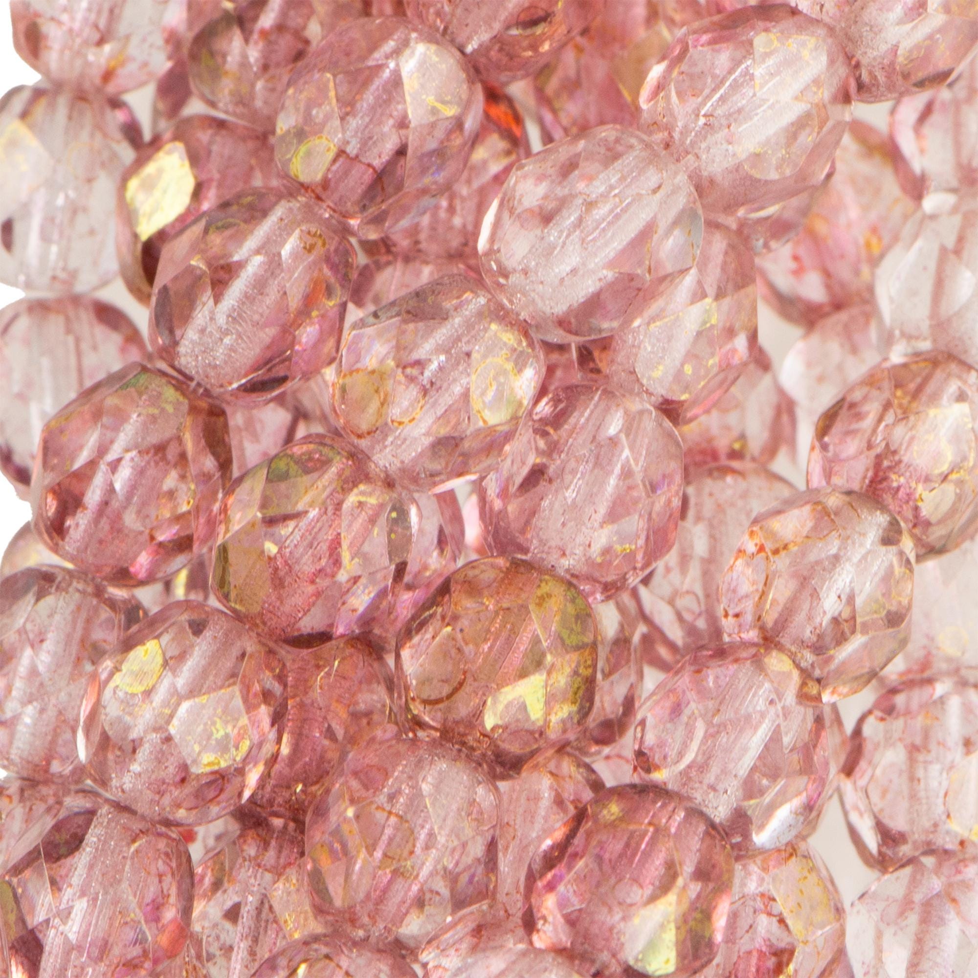 6mm Luster Transparent Rosaline Czech Faceted Firepolish Glass Beads (25)