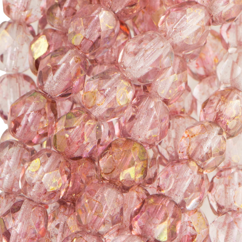 6mm Luster Transparent Rosaline Czech Faceted Firepolish Glass Beads (25)