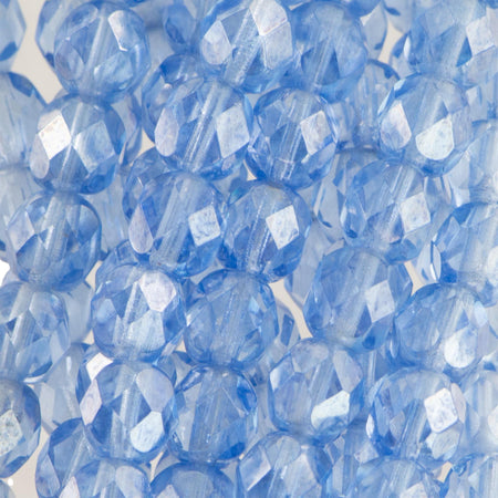 6mm Luster Light Sapphire Czech Faceted Firepolish Glass Beads (25)