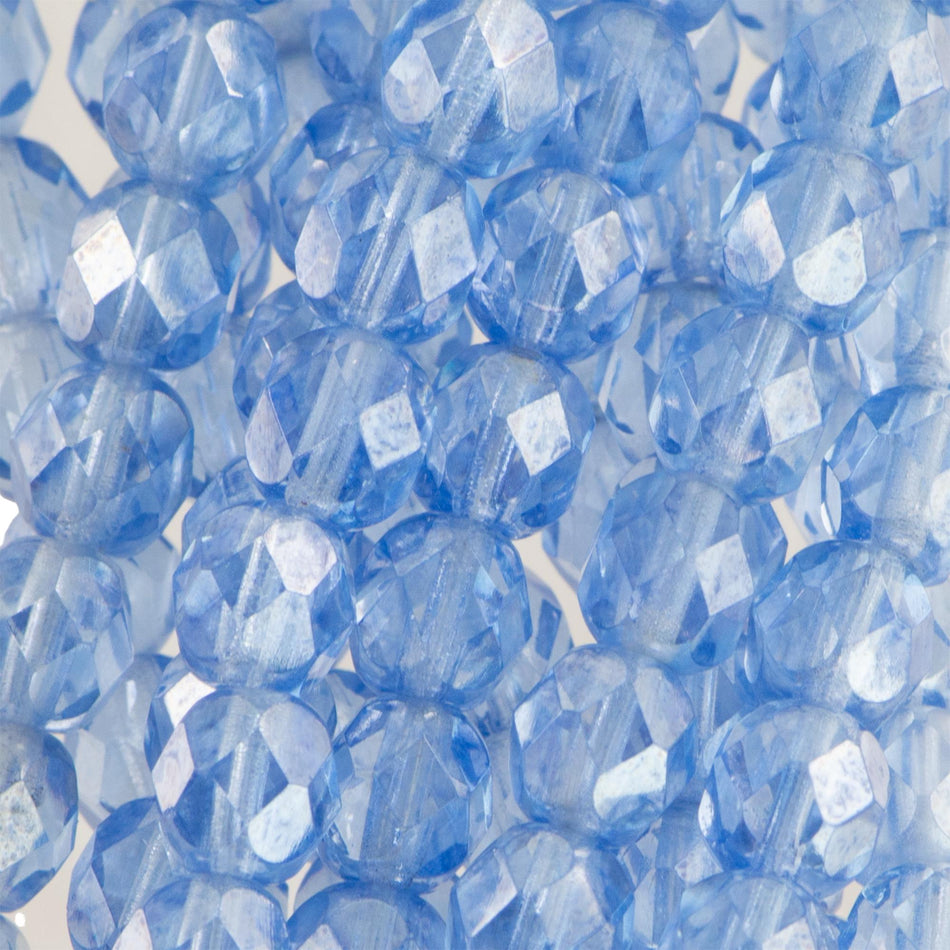 6mm Luster Light Sapphire Czech Faceted Firepolish Glass Beads (25)