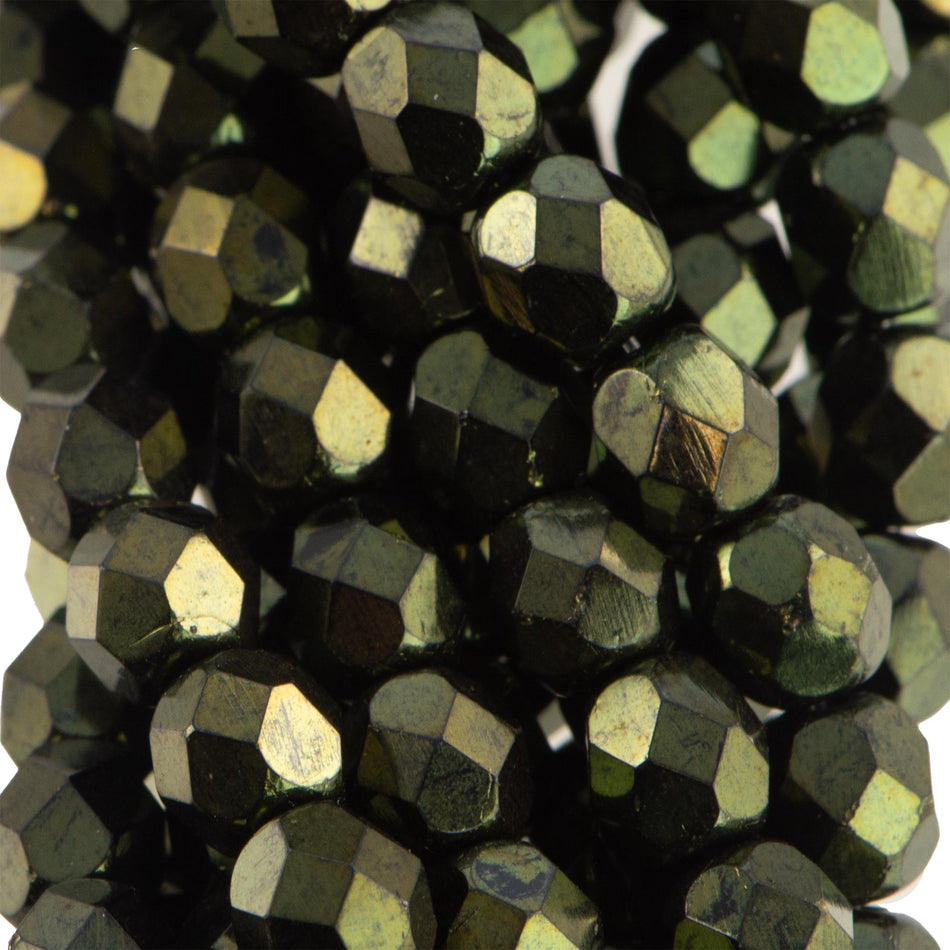 6mm Metallic Green Czech Firepolish Faceted Glass Beads (25)