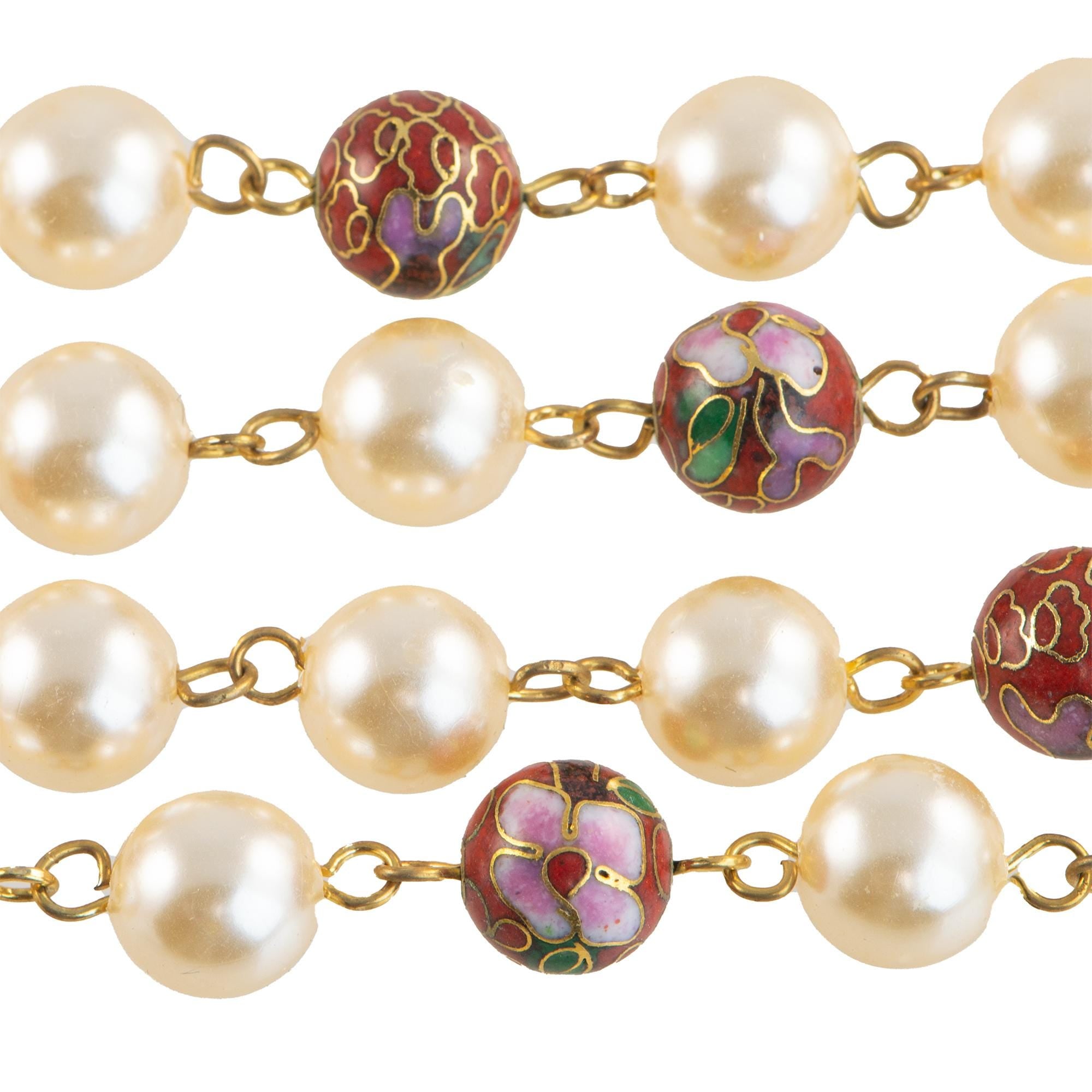 Vintage Red Cloisonne and Pearl Beaded Chain 10mm chn071