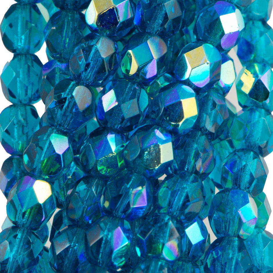 6mm Teal AB Czech Firepolish Faceted Glass Beads (25)