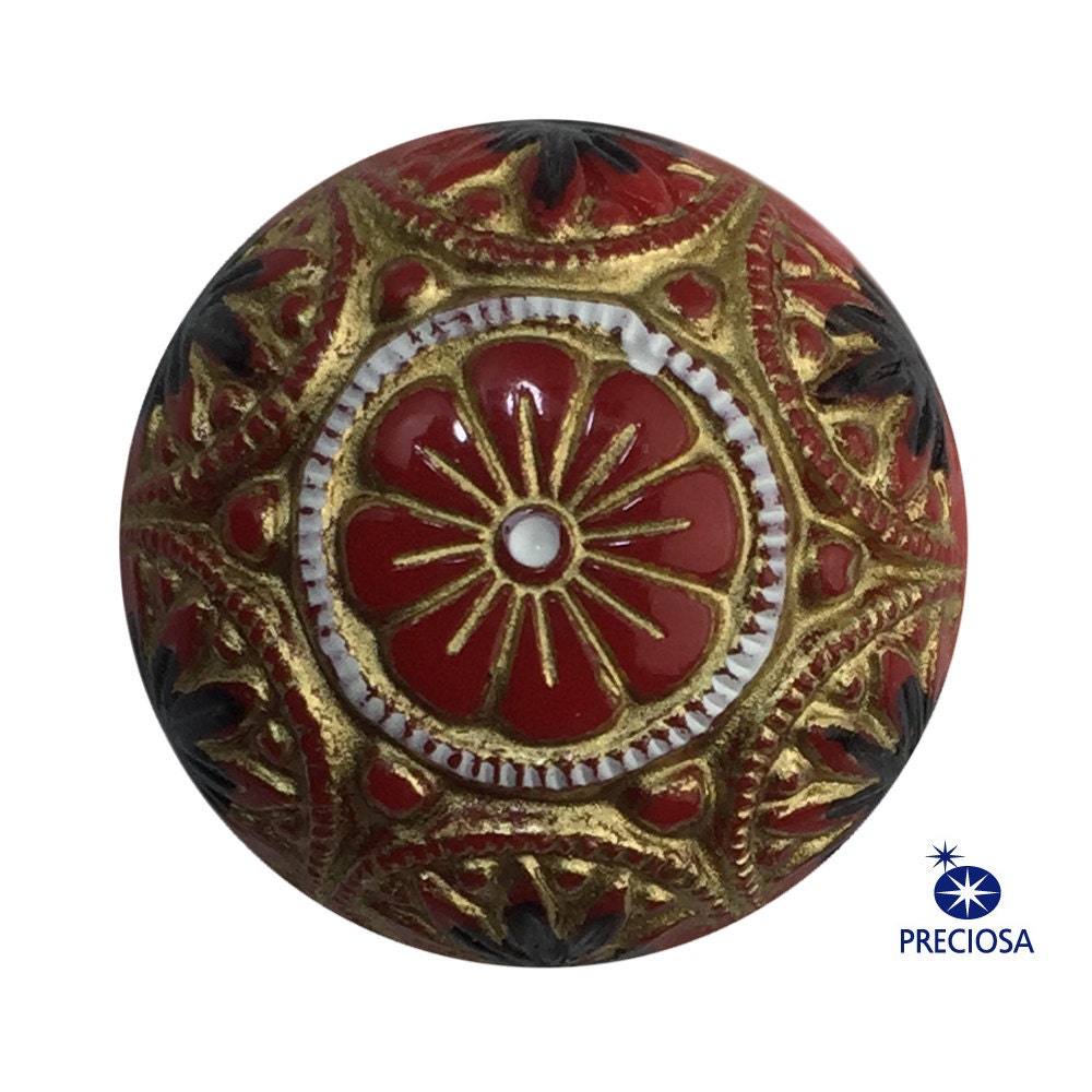 Preciosa Red Mosaic Glass Cabochons with Gold Black 18mm (1) cab756G