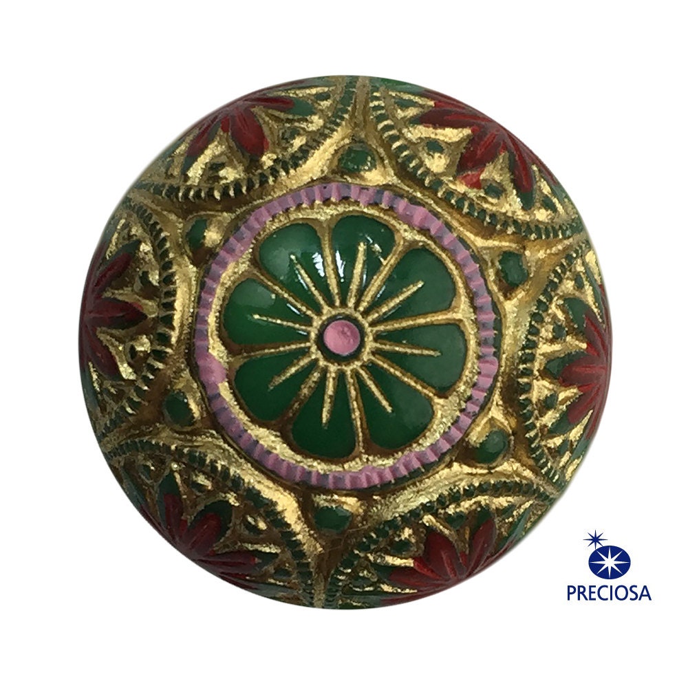 Preciosa Green Mosaic Glass Cabochons with Gold Red 18mm (1) cab756H