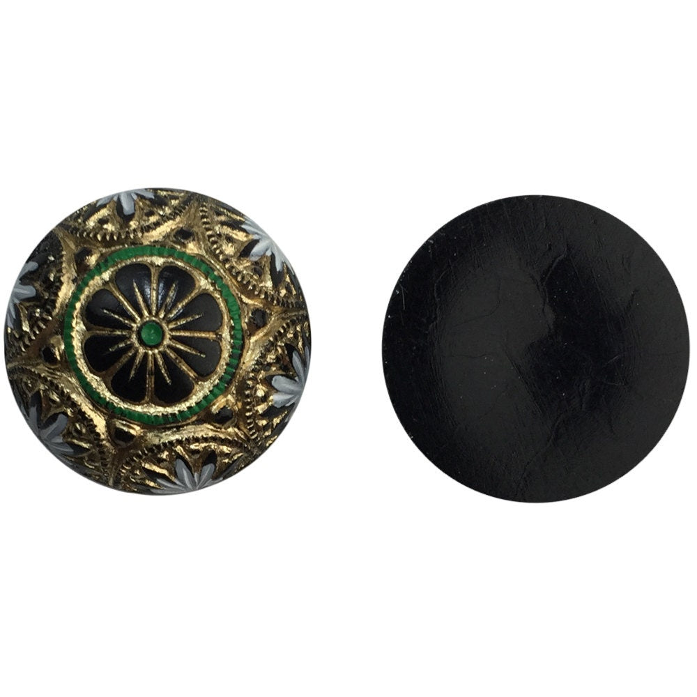 Preciosa Black Mosaic Glass Cabochons with Gold White Green 18mm (1) cab756F
